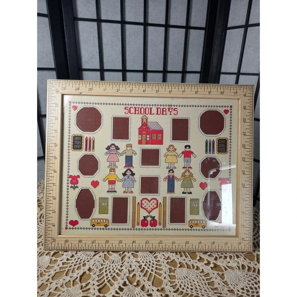 Vintage School Days Cross Stitch cottagecore Prairie Photo Frame Ruler Border